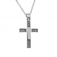 Cross with chain - 14 carat white gold with zircon