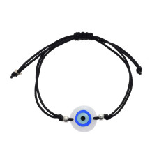 Bracelet with round eye made of artificial ivory for men, women and children on black cord and macrame closure