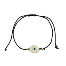 Bracelet with round eye made of artificial ivory for men, women and children on black cord and macrame closure