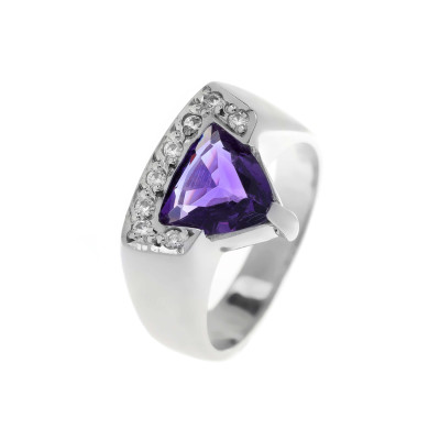 Women's ring made of platinum-plated silver 925 with mineral amethyst and zircon, designed by Alexandros Gatsos