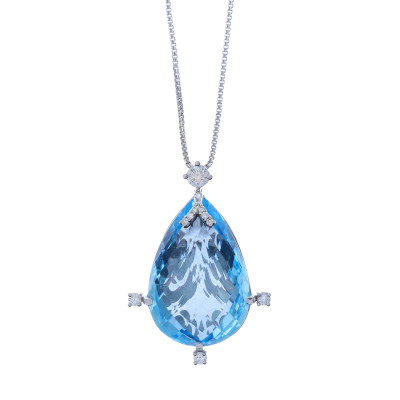 Women's pendant made of 18 carat white gold, blue topaz mineral and fine quality LAB diamonds